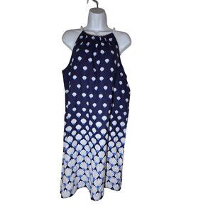 London Times Navy Blue White Seashell Halter Linen Shift Dress Knee/Mini 12 NWT